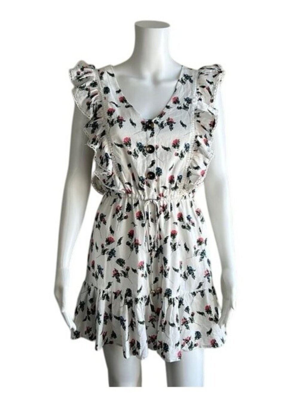 Olivaceous Floral Ruffle Cinched Sleeveless Dress - S